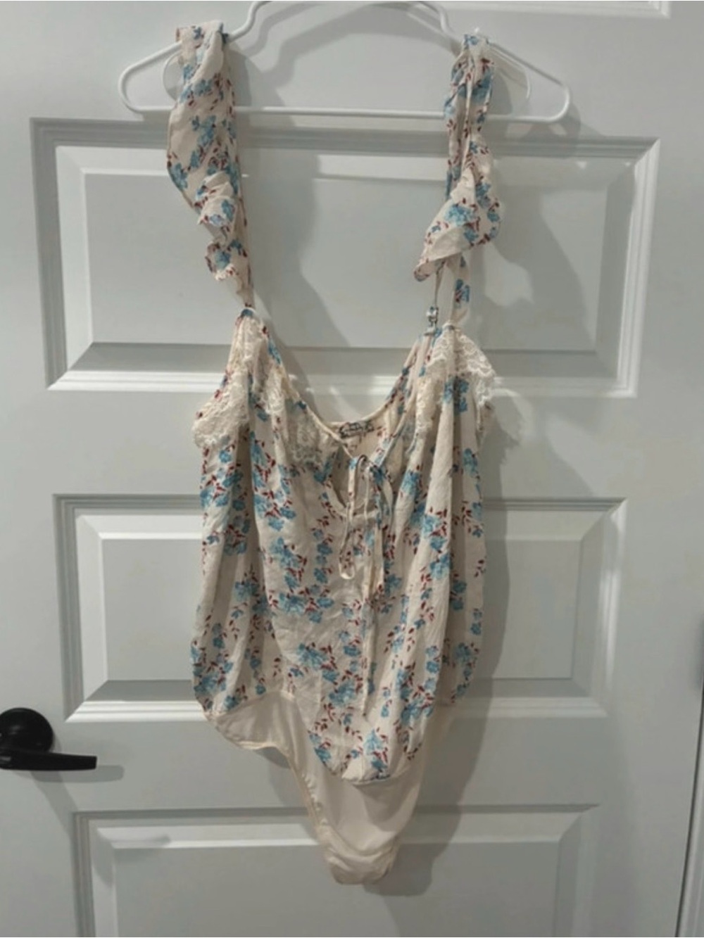 Free People Cream Floral Tie-Shoulder Bodysuit with Blue Print